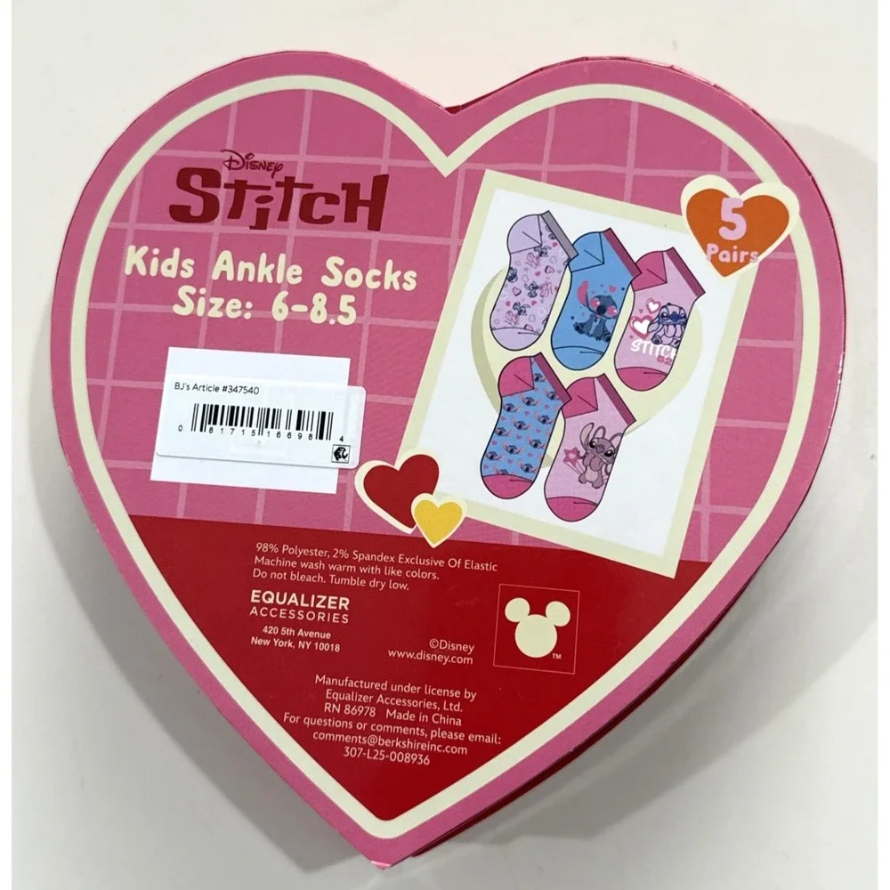 Disney Lilo & Stitch Kids Low Cut Socks 5 Pair Size 6-8.5 Valentine's Day